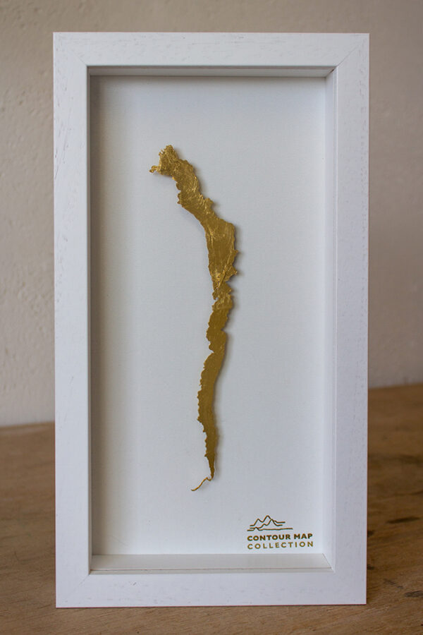 lake district art original 3-D craft design art contour map of lake windermere aerial view cut from one piece of brass and hand polished in a beautiful deep white frame by holly clifford
