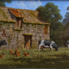 lake district art original painting by edward hersey oil on board of old farm buildings in rural english countryside in summer sunshine with swans cows and hens with a distant village