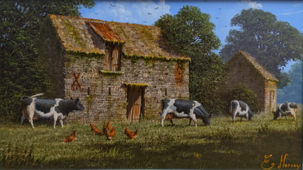 lake district art original painting by edward hersey oil on board of old farm buildings in rural english countryside in summer sunshine with swans cows and hens with a distant village