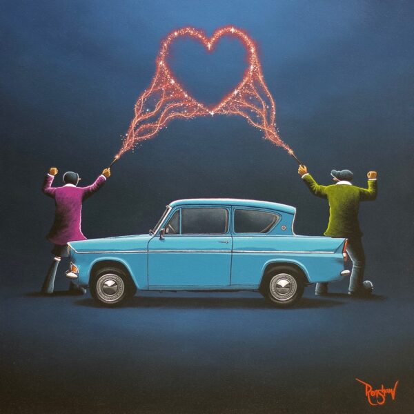 Lake District art by David Renshaw love makes life magical Boutique limited edition print inspired by 'Harry Potter' featuring the iconic flying Ford Anglia