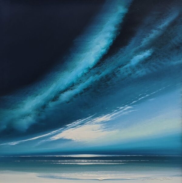 Lake District art original painting Northern Skies of sweeping skyscape in deep blue tones by Jonathan Shaw. Reminiscent of a winter shoreline and Arora borealis