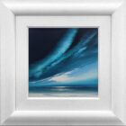 Lake District art original painting Northern Skies of sweeping skyscape in deep blue tones by Jonathan Shaw. Reminiscent of a winter shoreline and Arora borealis