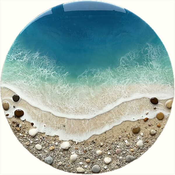 Lake District art gallery. Our Sunlit Bay by Tamsin Pease. A resin mixed media piece with mica powders and acrylic inks. Real sand and pebbles used to create an aerial shoreline