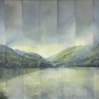 lake district art original oil and mixed media painting of Changing Light - Derwentwater . A moody landscape with clouds mountains misty atmosphere and textured foreground. Near Keswick