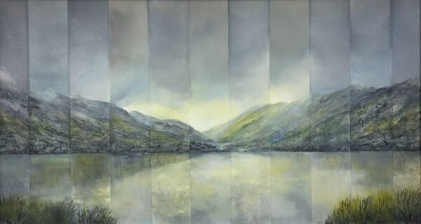 lake district art original oil and mixed media painting of Changing Light - Derwentwater . A moody landscape with clouds mountains misty atmosphere and textured foreground. Near Keswick