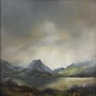 lake district art original oil and mixed media painting of crummock water. A moody landscape with dark clouds and mountains misty atmosphere and textured foreground