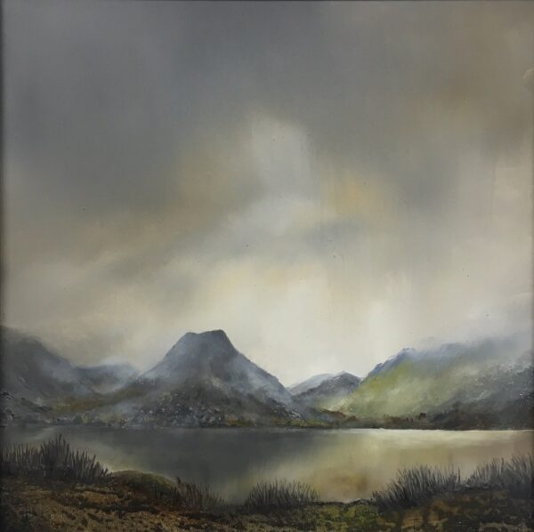 lake district art original oil and mixed media painting of crummock water. A moody landscape with dark clouds and mountains misty atmosphere and textured foreground