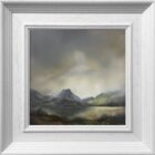 lake district art original oil and mixed media painting of crummock water. A moody landscape with dark clouds and mountains misty atmosphere and textured foreground