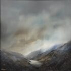lake district art original oil and mixed media painting of thirlmere. A moody landscape with dark clouds and mountains misty atmosphere and textured foreground