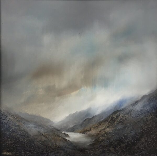 lake district art original oil and mixed media painting of thirlmere. A moody landscape with dark clouds and mountains misty atmosphere and textured foreground