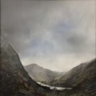 lake district art original oil and mixed media painting of ullswater. A moody landscape with dark clouds and mountains misty atmosphere and textured foreground
