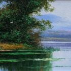Lake District art Original oil painting by Andrew Grant Kurtis of calming water landscape scene overlooking the glass like Rydal water towards misty mountains and a verge with birds in flight