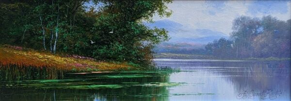 Lake District art Original oil painting by Andrew Grant Kurtis of calming water landscape scene overlooking the glass like Rydal water towards misty mountains and a verge with birds in flight