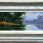 Lake District art Original oil painting by Andrew Grant Kurtis of calming water landscape scene overlooking the glass like Rydal water towards misty mountains and a verge with birds in flight