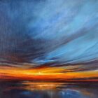 Lake District Art Gallery. Reflective Drama original oil and acrylic painting by Katie Day. A contemporary sunset shoreline in deep rich colours with the sun and light reflecting in the water