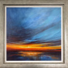 Lake District Art Gallery. Reflective Drama original oil and acrylic painting by Katie Day. A contemporary sunset shoreline in deep rich colours with the sun and light reflecting in the water