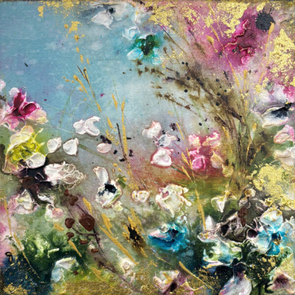 Lake District art. Original mixed media painting by Tina Earnshaw. Rose Clouds an abstract summer scene with the impression of blue skies and flowers with gold detailing