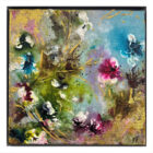 Lake District art. Original mixed media painting by Tina Earnshaw. Rose shimmer an abstract summer scene with the impression of blue skies and flowers with gold detailing