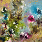 Lake District art. Original mixed media painting by Tina Earnshaw. Rose shimmer an abstract summer scene with the impression of blue skies and flowers with gold detailing