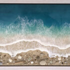 Lake District art gallery. Shoreline Haven by Tamsin Pease. A resin mixed media piece with mica powders and acrylic inks. Real sand and pebbles used to create an aerial shoreline