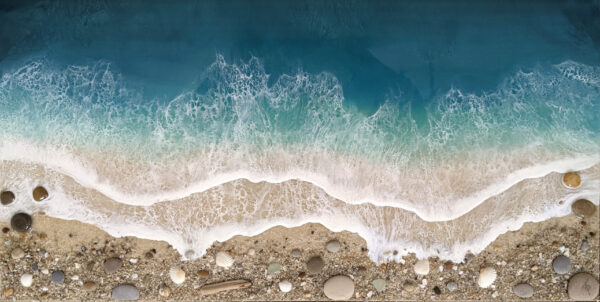 Lake District art gallery. Shoreline Haven by Tamsin Pease. A resin mixed media piece with mica powders and acrylic inks. Real sand and pebbles used to create an aerial shoreline