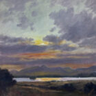 lake district art original oil painting by local artist jeff sudders. Sundown over Derwentwater featuring a sunset over catbells near keswick with purple clouds