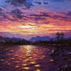 Original lake district oil painting by Andrew Grant Kurtis of richly coloured sunset skies and colourful water waves overlooking towards langdale pike fell range. Sunshine Sparkle Langdale
