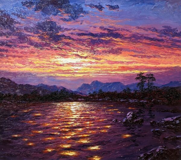 Original lake district oil painting by Andrew Grant Kurtis of richly coloured sunset skies and colourful water waves overlooking towards langdale pike fell range. Sunshine Sparkle Langdale