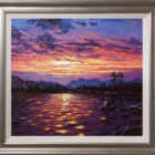 Original lake district oil painting by Andrew Grant Kurtis of richly coloured sunset skies and colourful water waves overlooking towards langdale pike fell range. Sunshine Sparkle Langdale
