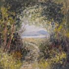 Lake District art by Jeff Sudders. Oil painting This Mornings Walk near Windermere. Featuring a path through overgrown trees and bushes creating an arch. lake and mountains in the distance