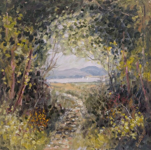 Lake District art by Jeff Sudders. Oil painting This Mornings Walk near Windermere. Featuring a path through overgrown trees and bushes creating an arch. lake and mountains in the distance