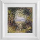 Lake District art by Jeff Sudders. Oil painting This Mornings Walk near Windermere. Featuring a path through overgrown trees and bushes creating an arch. lake and mountains in the distance