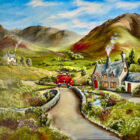 Lake District art original oil and acrylic painting To Infinity and Beyond by Caroline Deighton of a couple in a red sports car driving into the countryside with mountains, fields and houses.