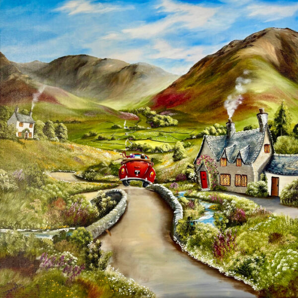 Lake District art original oil and acrylic painting To Infinity and Beyond by Caroline Deighton of a couple in a red sports car driving into the countryside with mountains, fields and houses.