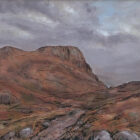 lake district art original acrylic painting of langdales towards pike o stickle with a moody sky mountain silhouette alpine landscape