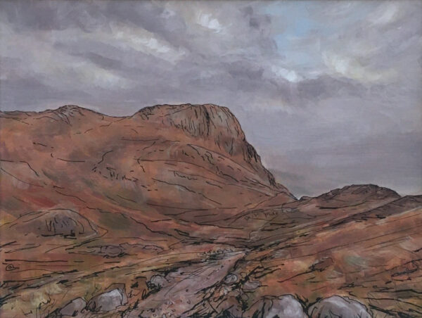 lake district art original acrylic painting of langdales towards pike o stickle with a moody sky mountain silhouette alpine landscape