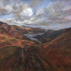 lake district art original acrylic painting by Cally Lawson. Ullswater from Thornhow - a contemporary landscape with cloudy skies with breaks of sunlight on the mountain fells