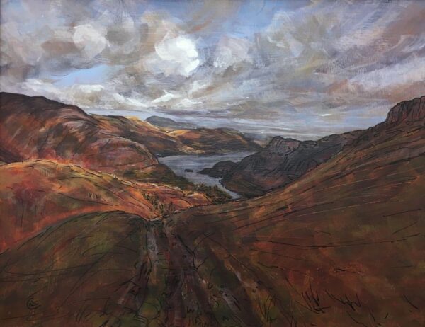 lake district art original acrylic painting by Cally Lawson. Ullswater from Thornhow - a contemporary landscape with cloudy skies with breaks of sunlight on the mountain fells