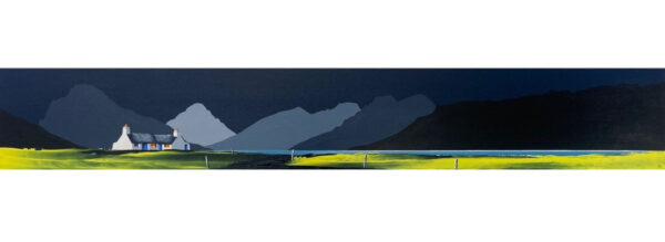lake district art panoramic original painting by artist jay nottingham featuring Wastwater with great gable yewbarrow and scafell silhouettes and dark sky