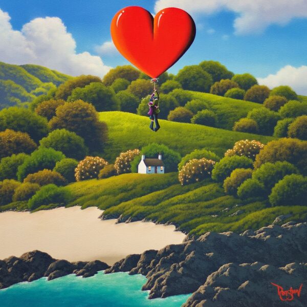 lake district art romantic original oil painting by david renshaw. By Your Side Always featuring ted and doris holding onto a red love heart balloon over the sea with green hills & beach below
