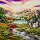 Lake District art original acrylic painting Careful on the Corners - a vintage red card speeds towards a cute cottage with a lake and mountains in the distance in bright colours