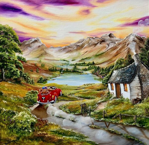 Lake District art original acrylic painting Careful on the Corners - a vintage red card speeds towards a cute cottage with a lake and mountains in the distance in bright colours