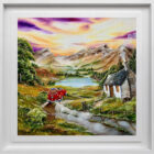 Lake District art original acrylic painting Careful on the Corners - a vintage red card speeds towards a cute cottage with a lake and mountains in the distance in bright colours