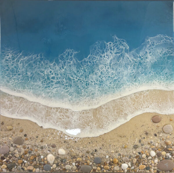 Lake District art gallery. Shoreline Haven by Tamsin Pease. A resin mixed media piece with mica powders and acrylic inks. Real sand and pebbles used to create an aerial shoreline