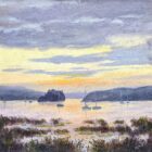 Lake District art original oil painting by Jeff Sudders. Cock Shot Point Windermere. A sunset scene in purple and pale yellow hues. Sailboats in the calm lake and distant mountains