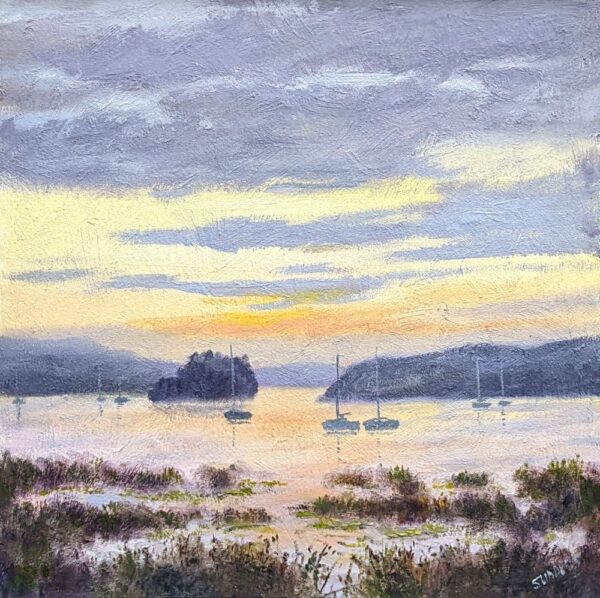 Lake District art original oil painting by Jeff Sudders. Cock Shot Point Windermere. A sunset scene in purple and pale yellow hues. Sailboats in the calm lake and distant mountains