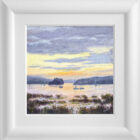 Lake District art original oil painting by Jeff Sudders. Cock Shot Point Windermere. A sunset scene in purple and pale yellow hues. Sailboats in the calm lake and distant mountains