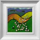 Lake District art by David Alderman. An acrylic painting of a flock of sheep shepherd sheepdog collie showing green summer fields with stone walls mountains in a colourful contemporary style.