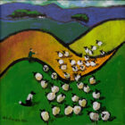 Lake District art by David Alderman. An acrylic painting of a flock of sheep shepherd sheepdog collie showing green summer fields with stone walls mountains in a colourful contemporary style.