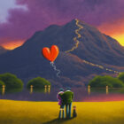 lake district art original oil painting by artist david renshaw adventures of ted and doris northern romance. A sunset evening scene inspired by the festival of lights up a mountain red heart